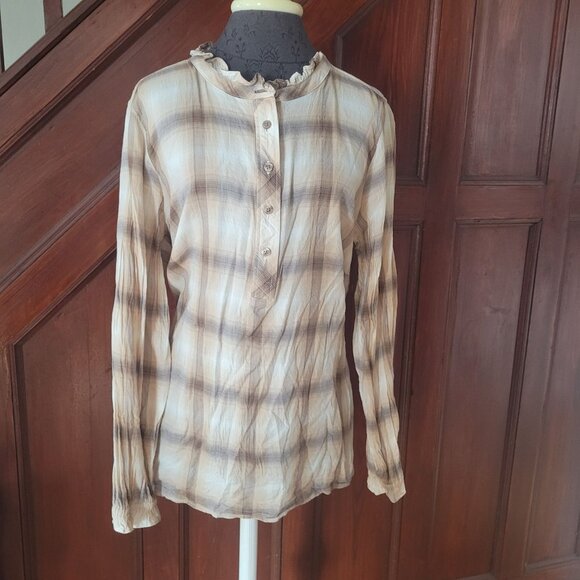 Talbots Plus 1X Beige Plaid Button Front Top Womens Long Sleeve Lightweight Blou - Picture 1 of 8